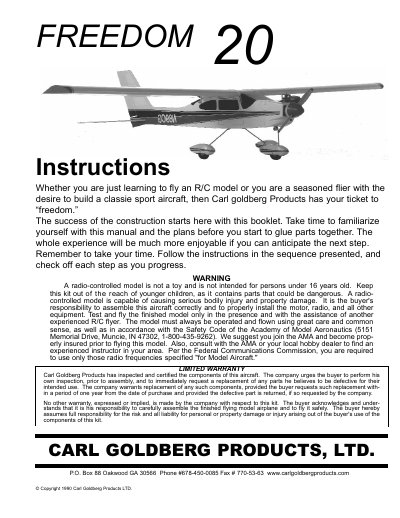 Carl Goldberg Products Freedom .20 Model Aircraft Assembly Instructions - cover page