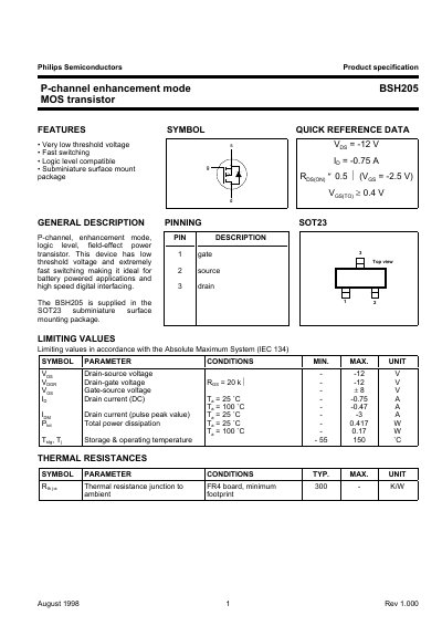 Philips BSH205 P-Channel MOSFET Datasheet - cover page