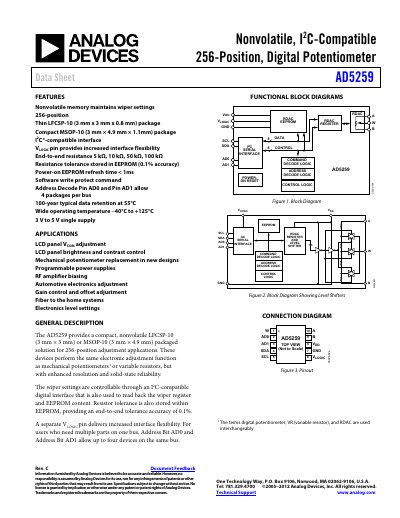 Analog Devices AD5259 Digital Potentiometer Data Sheet - cover page