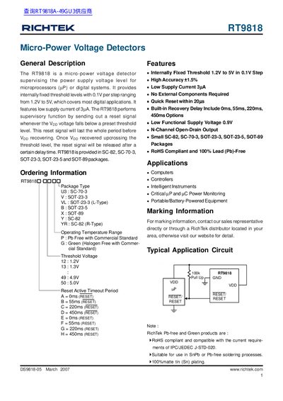 Richtek RT9818 Micro-Power Voltage Detector Datasheet - cover page