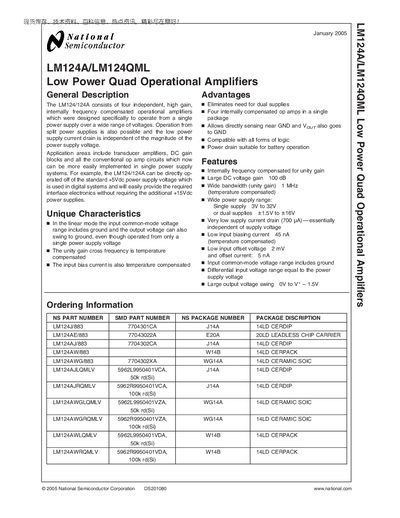 National Semiconductor LM124A/LM124QML Operational Amplifier Datasheet - cover page