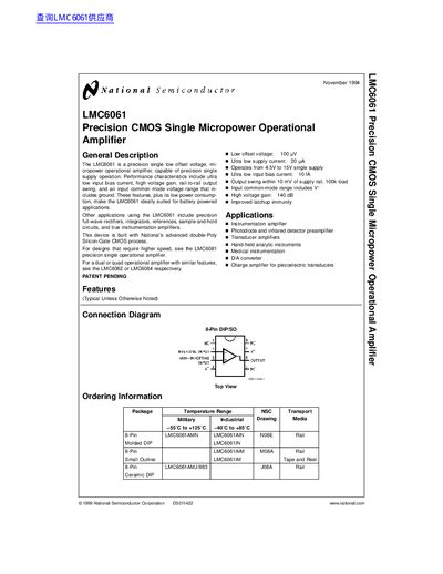 National Semiconductor LMC6061 Precision CMOS Operational Amplifier Datasheet - cover page