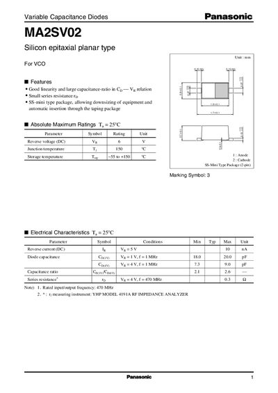 Panasonic MA2SV02 Variable Capacitance Diode Datasheet - cover page
