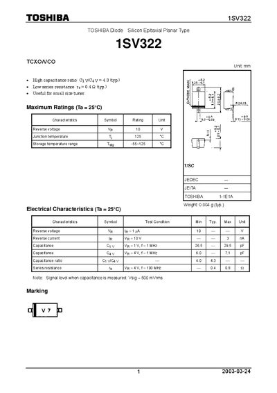 Toshiba 1SV322 Silicon Epitaxial Planar Diode Datasheet - cover page