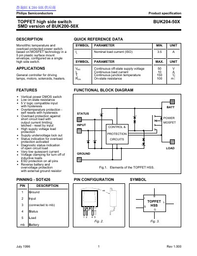 Philips BUK204-50X TOPFET High Side Switch Datasheet - cover page