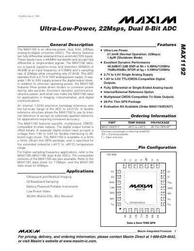 Maxim MAX1192 Ultra-Low-Power 22Msps Dual 8-Bit ADC Datasheet - cover page