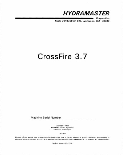 HydraMaster CrossFire 3.7 Truck-Mounted Carpet Cleaning Plant User Manual - cover page
