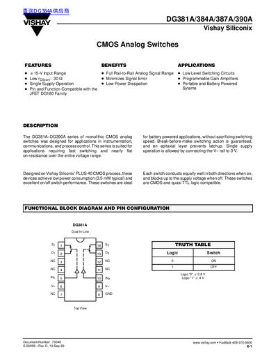 Vishay DG381A/384A/387A/390A CMOS Analog Switches Datasheet - cover page
