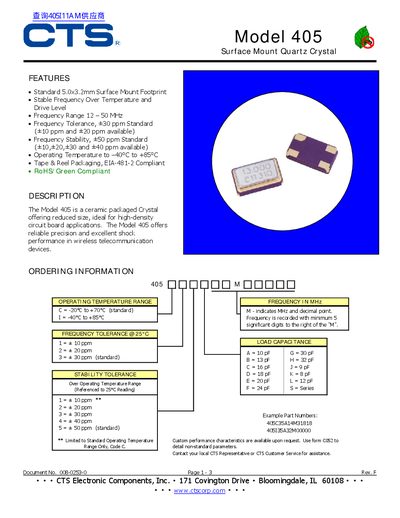 CTS Model 405 Surface Mount Quartz Crystal Datasheet - cover page