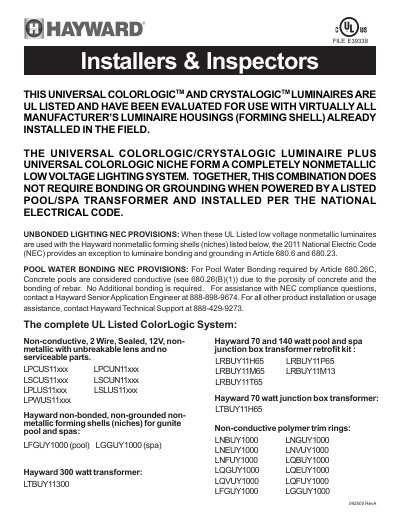 HAYWARD FILE E39338 owner's MANUAL - cover page