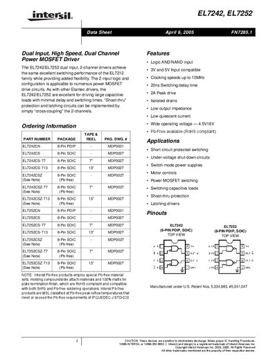 Intersil EL7242/EL7252 Dual Input Power MOSFET Driver Datasheet - cover page