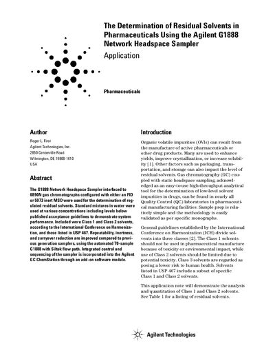 Agilent G1888A Network Headspace Sampler Application Note for Residual Solvent Determination - cover page