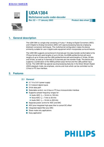 Philips UDA1384 Multichannel Audio Coder-Decoder Product Data Sheet - cover page