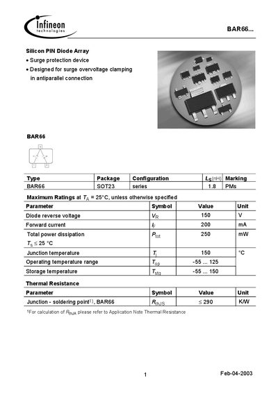 Infineon BAR66 Silicon PIN Diode Array Datasheet - cover page