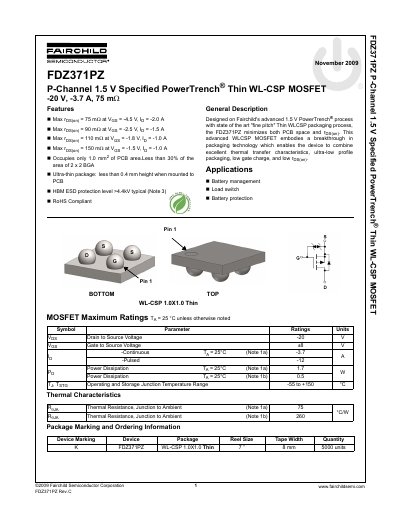 Fairchild FDZ371PZ P-Channel MOSFET Datasheet - cover page