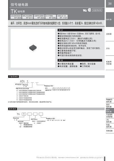 Panasonic TK1 Signal Relay Datasheet - cover page