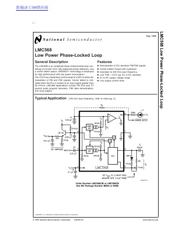 National Semiconductor LMC568 Low Power Phase-Locked Loop Datasheet - cover page