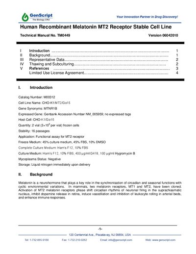GenScript Human Recombinant Melatonin MT2 Receptor Stable Cell Line User Manual - cover page