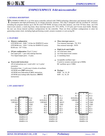 SONiX SN8P021X/8P011X 8-bit Microcontroller Handbook - cover page