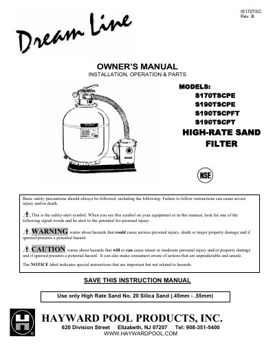 Hayward S170TSCPE High-Rate Sand Filter Owner's Manual - cover page