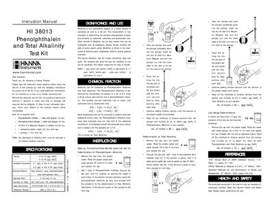 Hanna Instruments HI 38013 Phenolphthalein and Total Alkalinity Test Kit Instruction Manual - cover page
