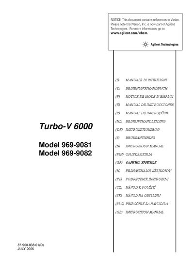 Agilent Technologies Turbo-V 6000 Pump 969-9081 Manual