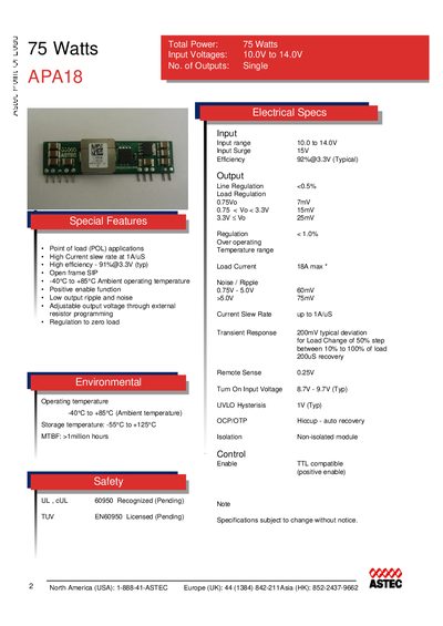 EMERSON NETWORK POWER 75 Watts APA18 Total Power: 75 Watts Input Voltages: 10.0V to 14.0V No. of Outputs: Single - cover page