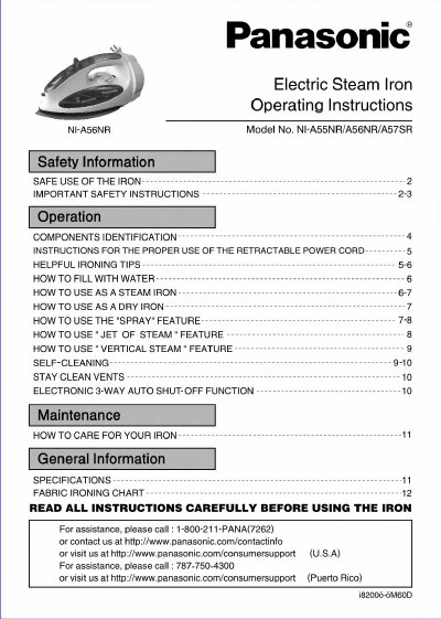 Panasonic NI-A55NR/A56NR/A57SR Electric Steam Iron Operating Instructions - cover page