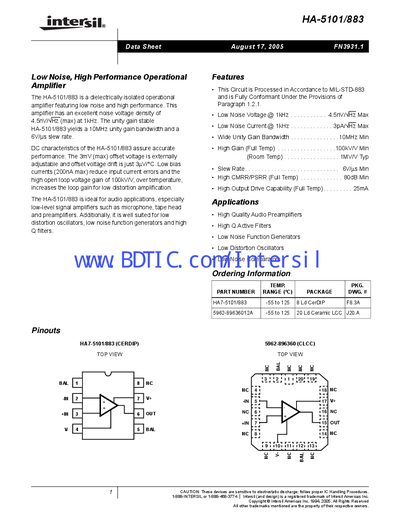 Intersil HA-5101/883 Operational Amplifier Datasheet - cover page