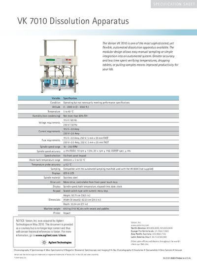 Varian VK 7010 Dissolution Apparatus Specifications