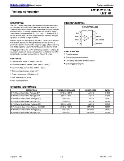 Philips Semiconductors LM111/211/311/ LM311B Voltage Comparator Datasheet - cover page