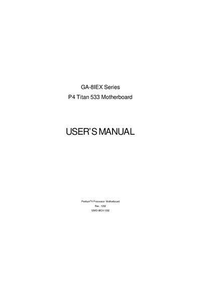 GIGABYTE GA-8IEX Series P4 Titan 533 Motherboard USER S MANUAL - cover page