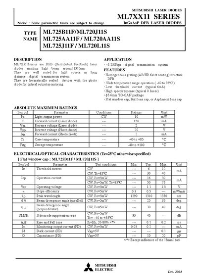 Mitsubishi Electric ML7XX11 Series Laser Diode Datasheet - cover page