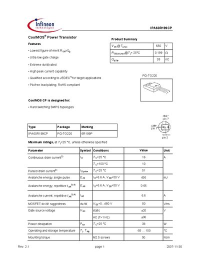 Infineon IPA60R199CP Power Transistor Datasheet - cover page