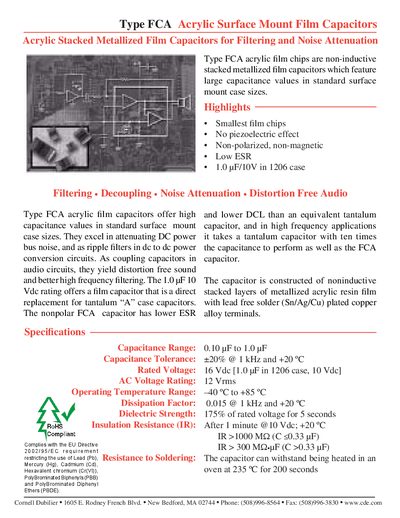 Cornell Dubilier FCA Acrylic Surface Mount Film Capacitors Product Data Sheet - cover page