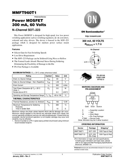 ON SEMICONDUCTOR -MMFT960T1 Power MOSFET 300 mA 60 Volts handbook - cover page
