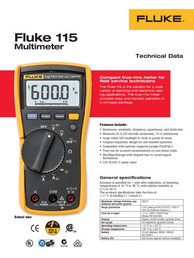 Fluke 115 Multimeter Technical Data - cover page