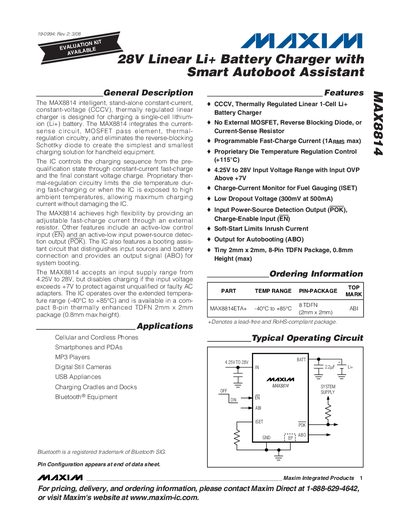 Maxim MAX8814 Linear Li+ Battery Charger Datasheet - cover page