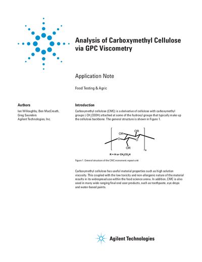 Agilent Analysis of Carboxymethyl Cellulose via GPC Viscometry Application Note - cover page