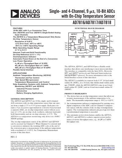 Analog Devices AD7816/AD7817/AD7818 10‑Bit ADC Datasheet Rev C - cover page