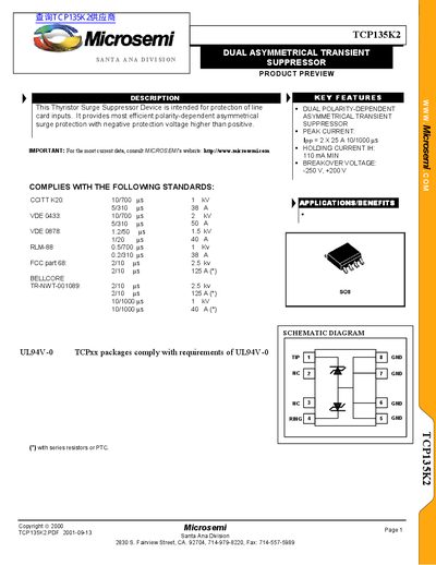 Microsemi TCP135K2 Dual Asymmetrical Transient Suppressor Datasheet - cover page