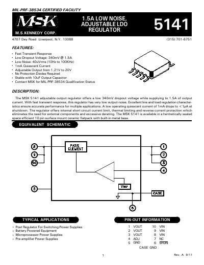 MSK 51411.5A Low Noise Adjustable LDO Regulator Datasheet