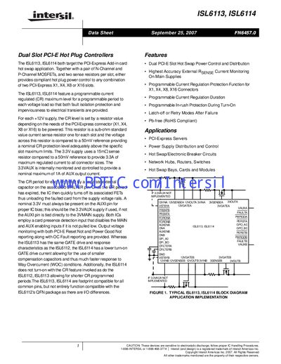 Intersil ISL6113/ISL6114 Dual Slot PCI‑E Hot Plug Controller Datasheet - cover page