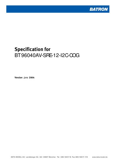 BATRON BT 96040AV-SRE-12-I2C-COG LCD Module Specification - cover page