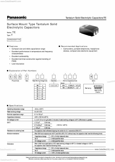 Panasonic TE Series Surface Mount Tantalum Solid Electrolytic Capacitors Datasheet - cover page