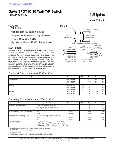 Alpha Industries AW002R2-12 GaAs SPDT IC 10 Watt T/R Switch Datasheet - cover page