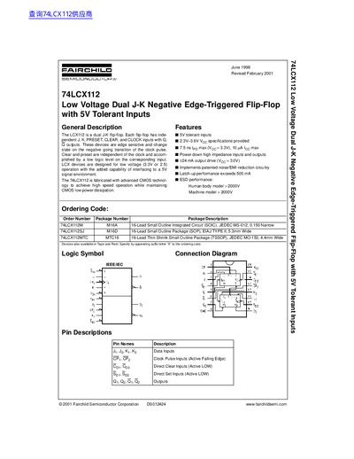 Fairchild Semiconductor 74LCX112 Low Voltage Dual J-K Flip-Flop Datasheet - cover page