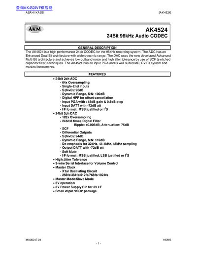 ASAHI KASEI AK4524 24Bit Audio CODEC Datasheet - cover page