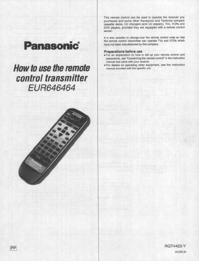 Panasonic EUR646464 Remote Control User Manual - cover page