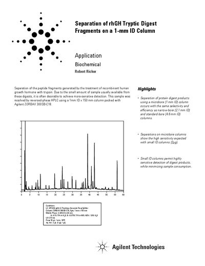 Agilent ZORBAX 300SB-C18 Separation of rhGH Tryptic Digest Fragments Application Note - cover page